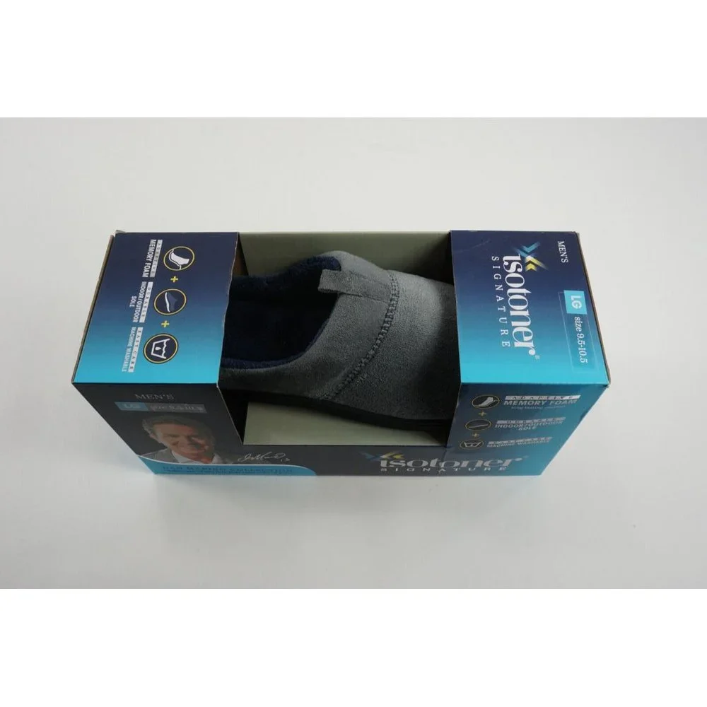 New Isotoner Jared Hoodback Men's Large Ash Grey Microterry Memory Foam Slippers
